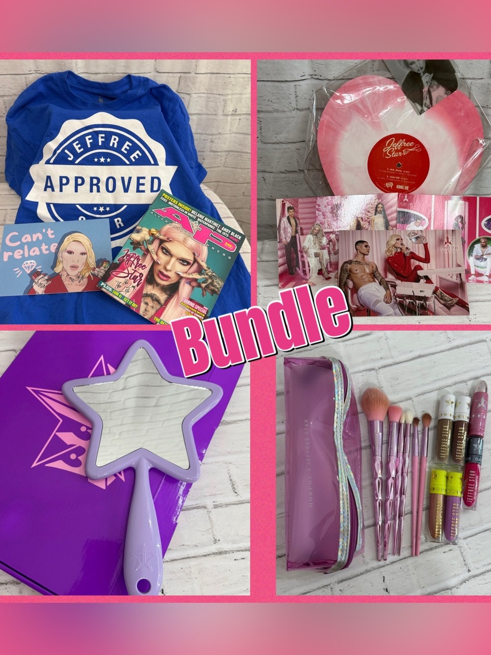 Jeffree Star Collector Bundle: Mirror, Morphe brushes, T-shirt, Record, Lipstick